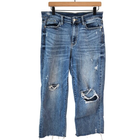 Judy Blue Wide Leg Distressed Jeans Medium Wash Denim Boyrfriend Relaxed 30 - Picture 1 of 11